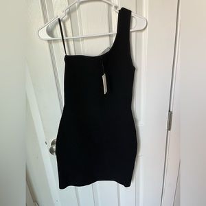 BABATON Black Sculpt Knit Ribbed One Shoulder Dress